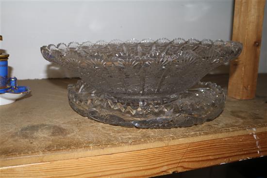A heavy cut glass bowl and a dish(-)
